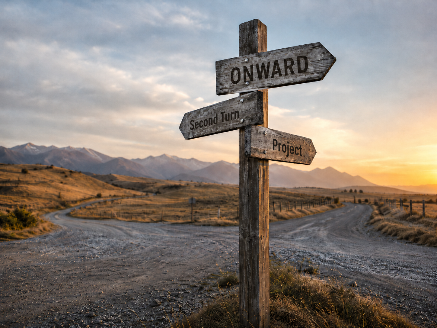 The Second Turn Project signpost at a crossroads at golden hour